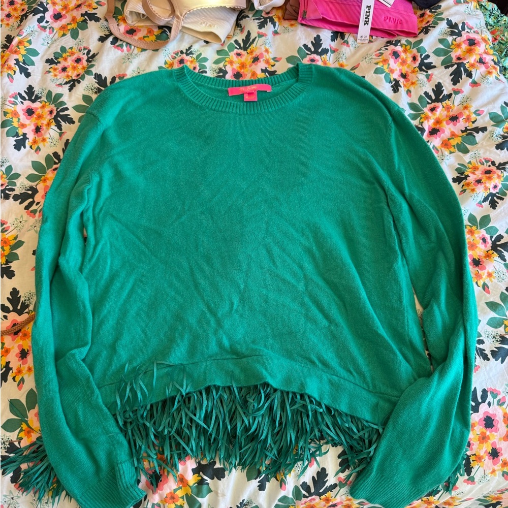 Lilly Pulitzer Emerald Green Fringe Hem Sweater